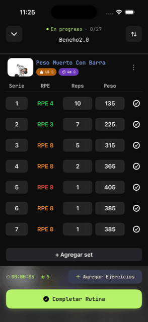 Logging a session in Prup with sets, RPE, reps and weight